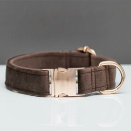 Multiple Colour Velvet Personalise Dog Collar Leash Set With Bow (Option: Brown-S)