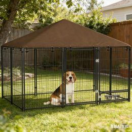 Outside Dog Kennel, 6.9' x 4.6' x 5' Puppy Play Pen with Canopy, Garden Playpen Fence Crate with Rotating Bowl, Black (Option: Black)