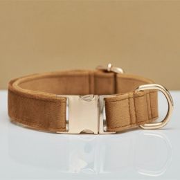 Multiple Colour Velvet Personalise Dog Collar Leash Set With Bow (Option: Coffee-L)