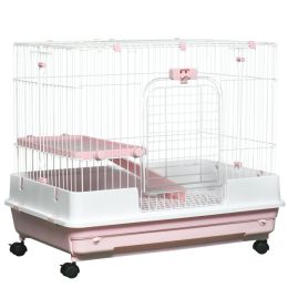 2-Level Small Animal Cage Rabbit Hutch with Wheels, Removable Tray, Platform and Ramp for Bunny, Chinchillas, Ferret, Pink (Option: Pink-864x602x275 mm)