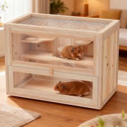 2-Level Hamster Cage Mice And Rat House,  With Openable Top, Front Door, Shelf And Ladder  For Hamsters, Mice And Other Small Rodents Ramps (Option: Nature wood)