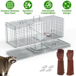 Humane Cat Trap Cage With Gloves Catch Release Live Animal Rodent Cage Collapsible Galvanized Wire For Raccoons Beavers Groundhogs Foxes Armadill (Option: LWGlovePlate)