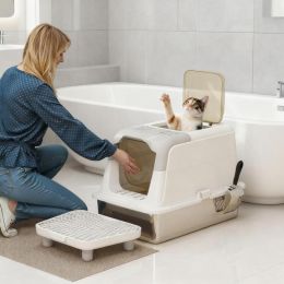 Cat Litter Box, Enclosed Cat Litter Box With Scoop, Deodorizer Bag (Option: Gray White)