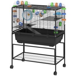 3 Tier Hamster Cage, Rolling Rat Cage with Deep Tray, Storage Shelf, Big Exercise Wheel, Hut, Tube System (Option: Black-870x520x290 mm)