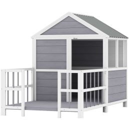 Outdoor Dog House, 61"L Wooden Dog House with Porch, Weatherproof Roof, Elevated Base, Air Vents & Observation Windows (Option: Gray-990x320x820 mm)