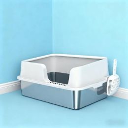 Stainless Steel Litter Box With High Side, Scoop For Big Cats (Option: Light Gray)
