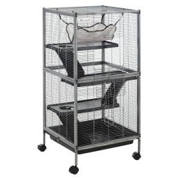 Metal Small Animal Cage Rolling Big Ferret Cage, Chinchilla Cage, Sugar Glider Cage, With Hammock & 4 Tiers, Removable Tray, Gray (Option: Gray)