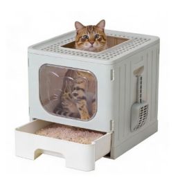 Covered Cat Litter Box, Large Foldable Cat Litter Box With Cat Litter Scoop  Easy-to-clean Drawer Design (Option: Grey)