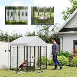 Outdoor Dog Kennel With Roof, Rotating & 4-Level Adjustable Bowls (Option: Silver Black)
