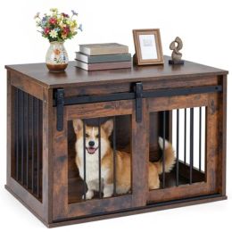 31.5" Dog Crate Furniture With Sliding Barn Door, Wooden Dog Kennel End Table For Indoor Use - Rustic Brown (Option: Defaulttitle)