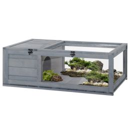 Wooden Reptile Cage with 3 Windows Slide-out Tray for Turtles, Lizards, Snakes (Option: Grey-990x655x85 mm)