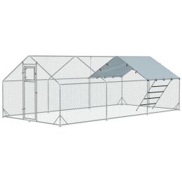 Metal Chicken Run w/ Waterproof & Anti-UV Cover, Feeding Door, Hanging Feeder, for 18-24 Chickens, 9.8' x 19.7' x 6.4' (Option: Silver-1980x380x180 mm)