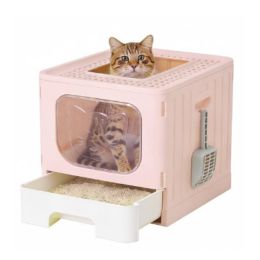 Covered Cat Litter Box, Large Foldable Cat Litter Box With Cat Litter Scoop  Easy-to-clean Drawer Design (Option: Pink)
