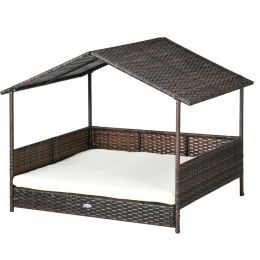 Outdoor Dog Bed with Canopy, Rattan Dog Bed with Soft Cushion Removable Cover for Medium and Large Dogs, Cream White (Option: Cream White-1020x200x845 mm)