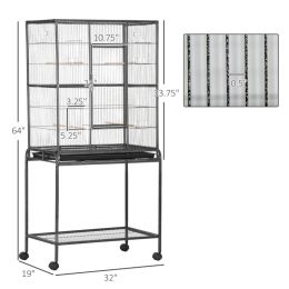 Rolling Metal Bird Cage Feeder With Detachable Rolling Stand, Storage Shelf, Wood Perch & Food Container (Option: Black Gray)