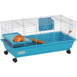 35"L Small Animal Cage, Rolling Bunny Cage, Guinea Pig Cage with Wheels, Food Dish, Water Bottle, Hay Feeder, Blue (Option: Blue-915x475x180 mm)