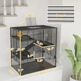 4 Tier Hamster Cage With Deep Tempered Glass Bottom, Running Wheel, Hut, Water Bottle, Food Dish, (Option: Black and transparent)
