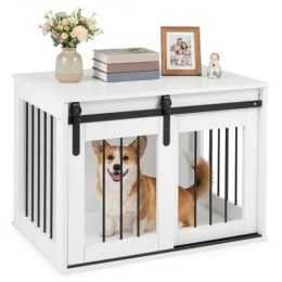 31.5" Dog Crate Furniture With Sliding Barn Door, Wooden Dog Kennel End Table For Indoor Use - White (Option: Defaulttitle)