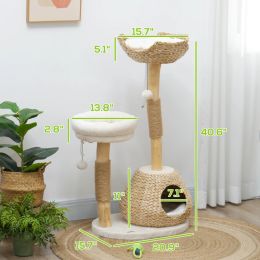 Cat Tree For Indoor Cats With Wooden Cat Scratching Posts, Cat Condo, Cat Beds & Toy Balls, Cream White (Option: Cream White Natural Wood)